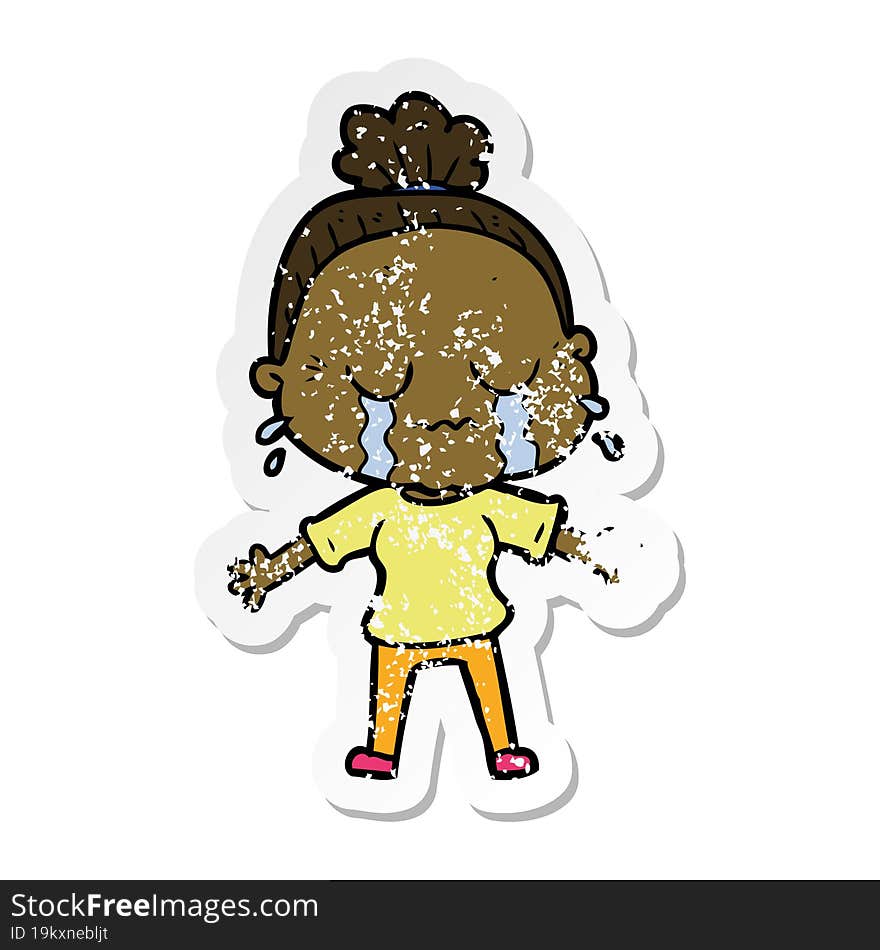 distressed sticker of a cartoon crying old lady