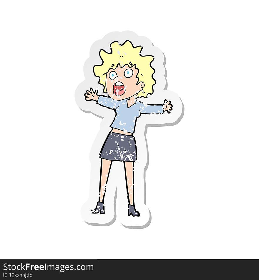 retro distressed sticker of a cartoon frightened woman