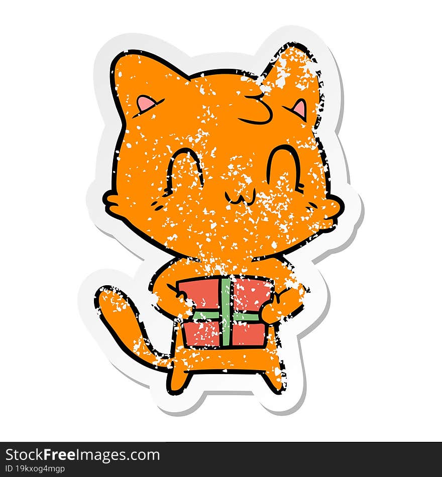 distressed sticker of a cartoon happy cat