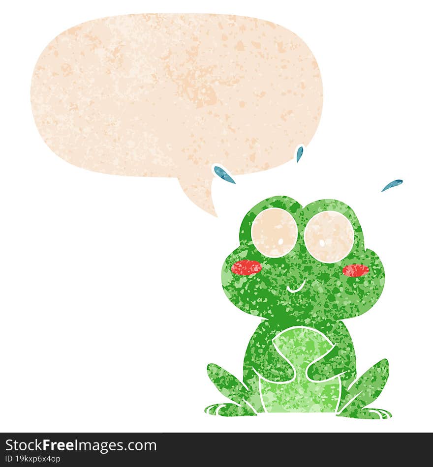 cute cartoon frog and speech bubble in retro textured style