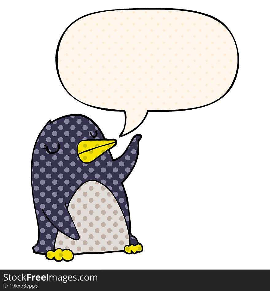 cartoon penguin and speech bubble in comic book style