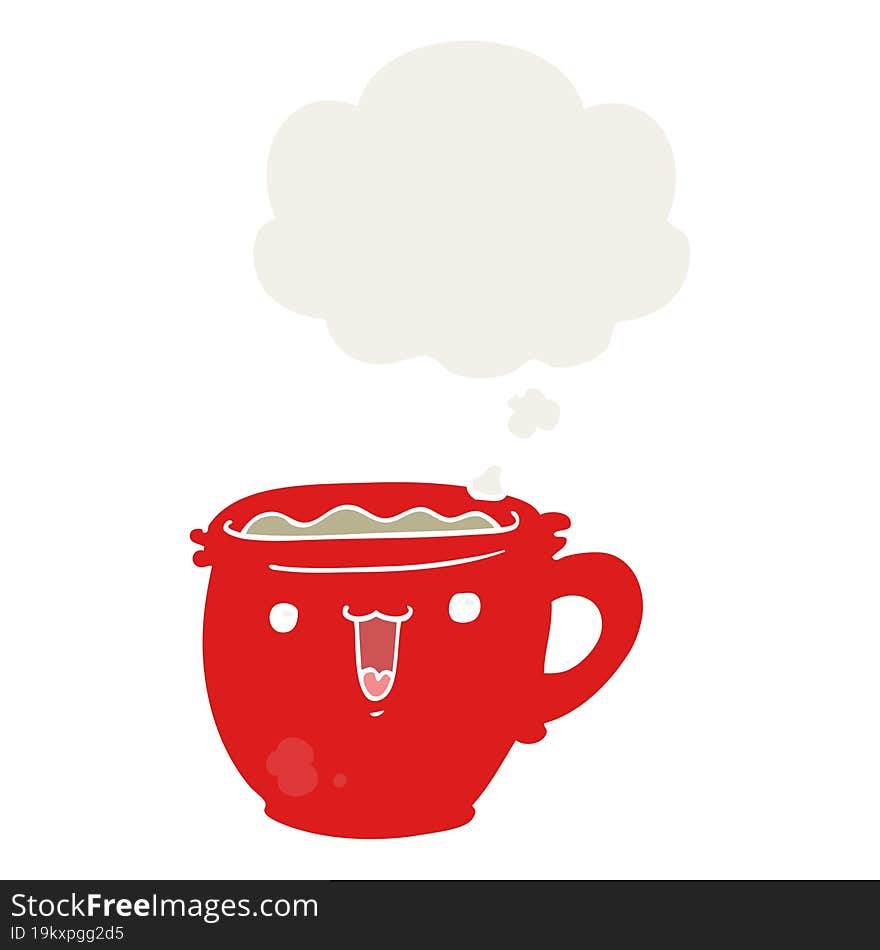 cute cartoon coffee cup with thought bubble in retro style