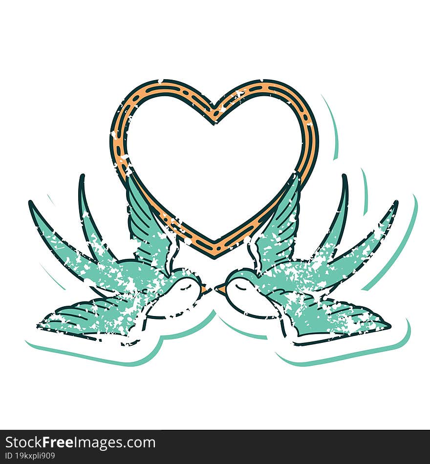 Distressed Sticker Tattoo Style Icon Of A Swallows And A Heart