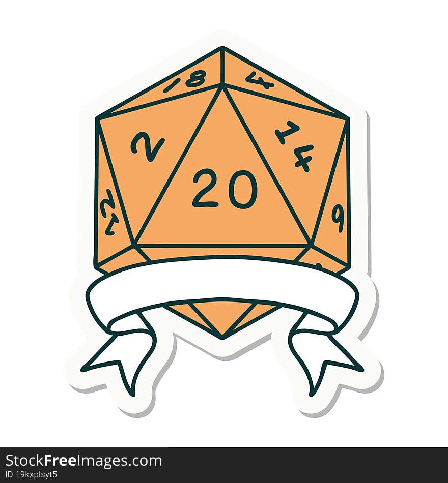 sticker of a natural 20 critical hit D20 dice roll. sticker of a natural 20 critical hit D20 dice roll