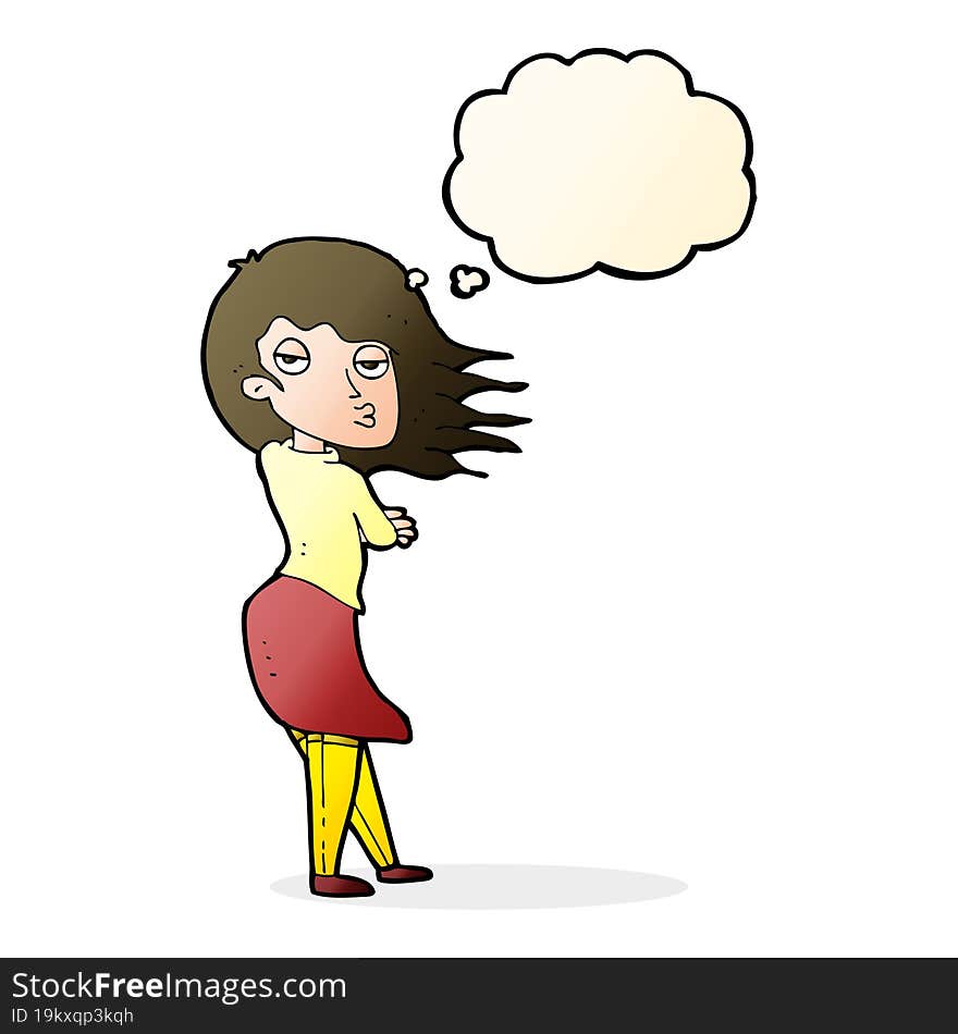 cartoon woman making photo face with thought bubble