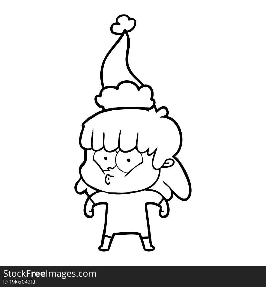 line drawing of a whistling girl wearing santa hat