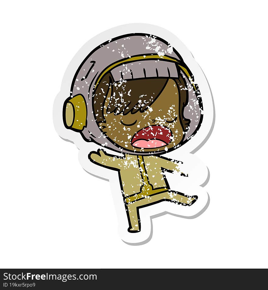 Distressed Sticker Of A Cartoon Talking Astronaut Woman