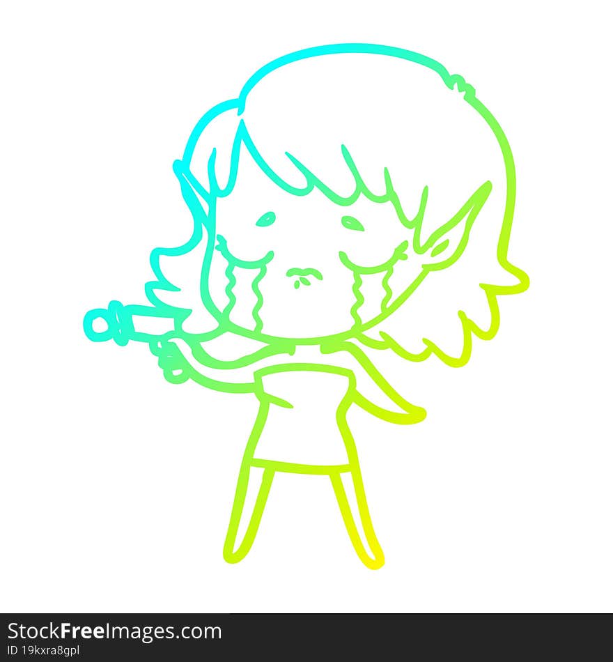 cold gradient line drawing cartoon crying elf girl