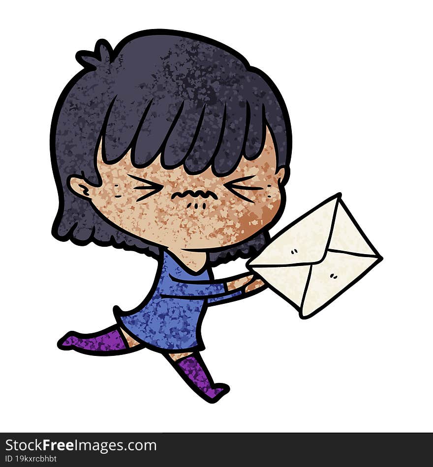 annoyed cartoon girl with letter. annoyed cartoon girl with letter