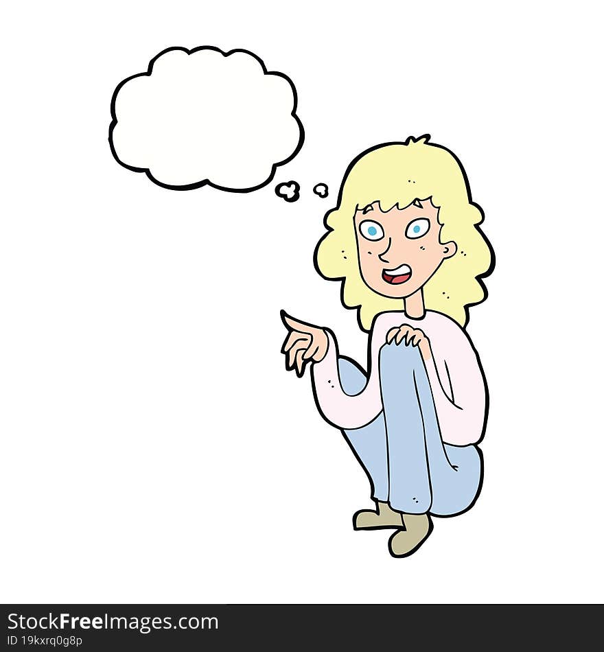 cartoon happy woman sitting and pointing with thought bubble