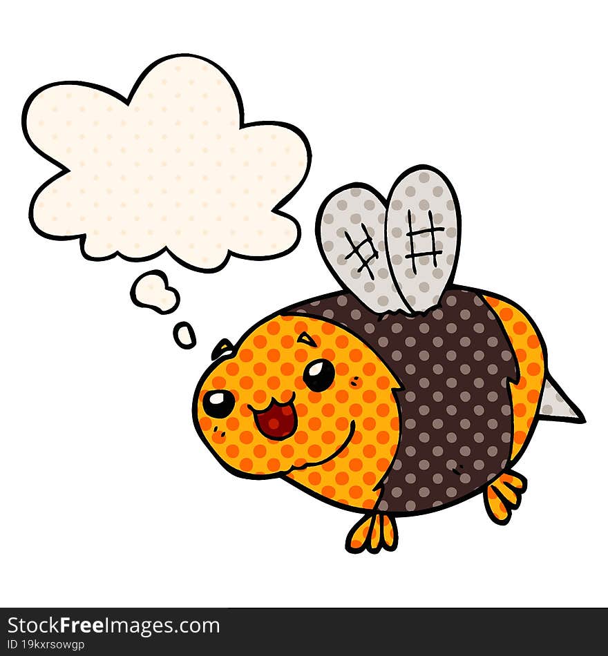 funny cartoon bee with thought bubble in comic book style