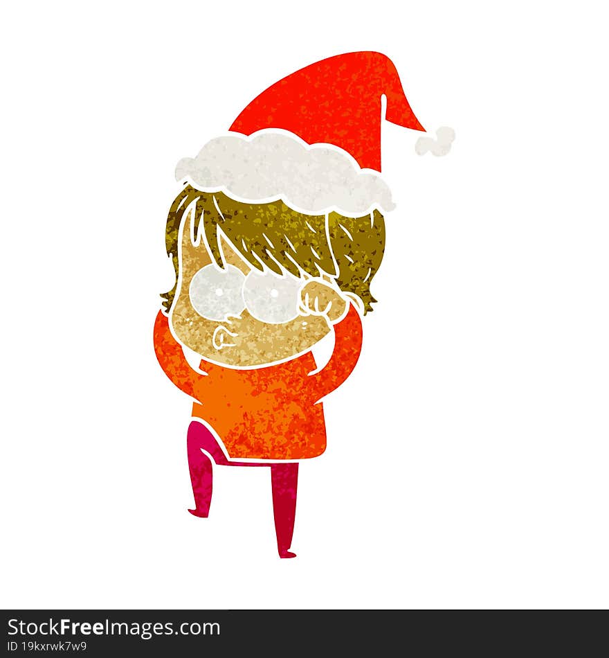 hand drawn retro cartoon of a woman wearing santa hat