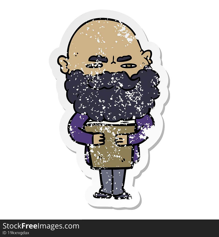 distressed sticker of a cartoon man with beard frowning