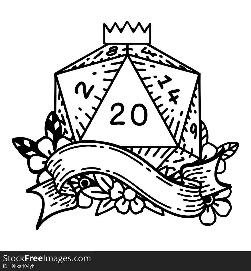 Black and White Tattoo linework Style natural twenty D20 dice roll. Black and White Tattoo linework Style natural twenty D20 dice roll