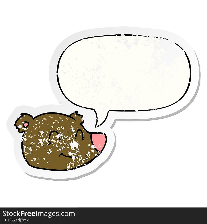 cartoon happy bear face with speech bubble distressed distressed old sticker. cartoon happy bear face with speech bubble distressed distressed old sticker