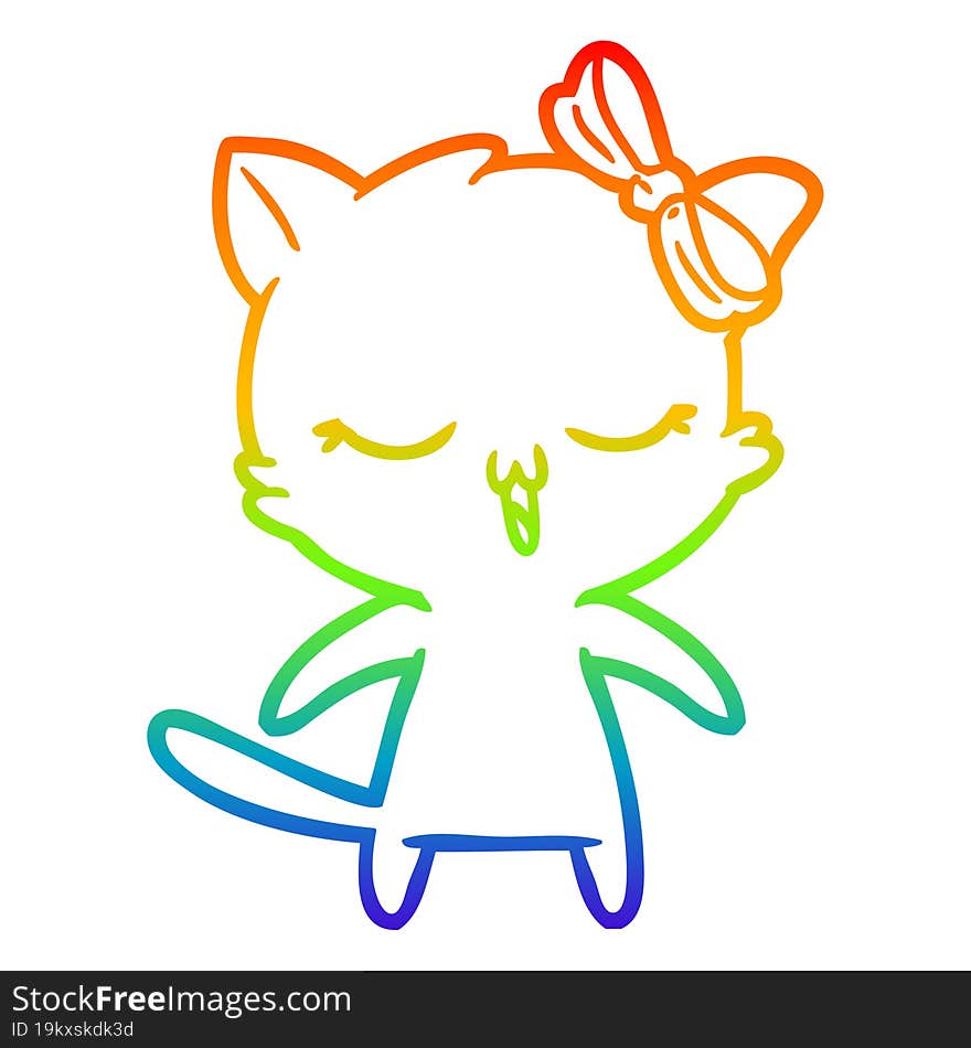 rainbow gradient line drawing cartoon cat with bow on head