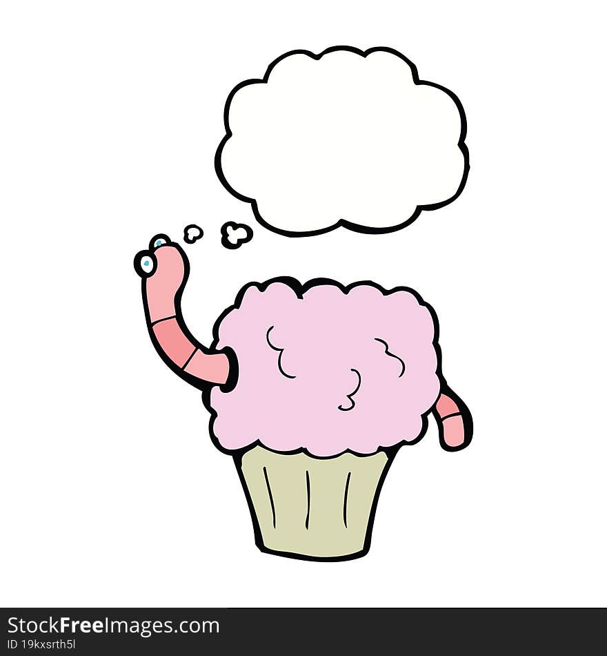 cartoon worm in cupcake with thought bubble