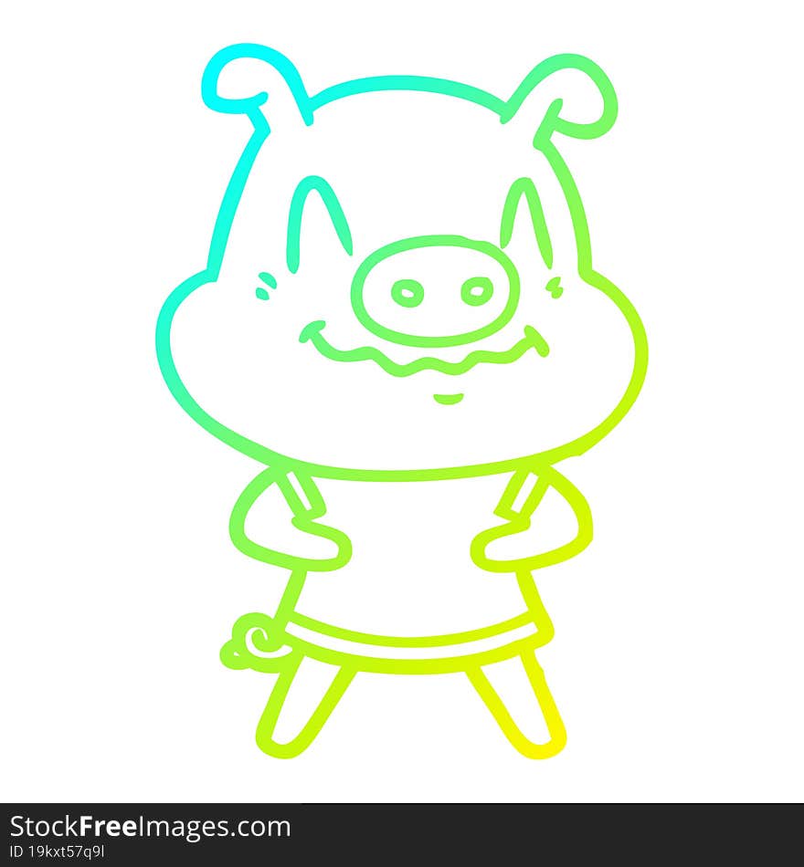 cold gradient line drawing of a nervous cartoon pig