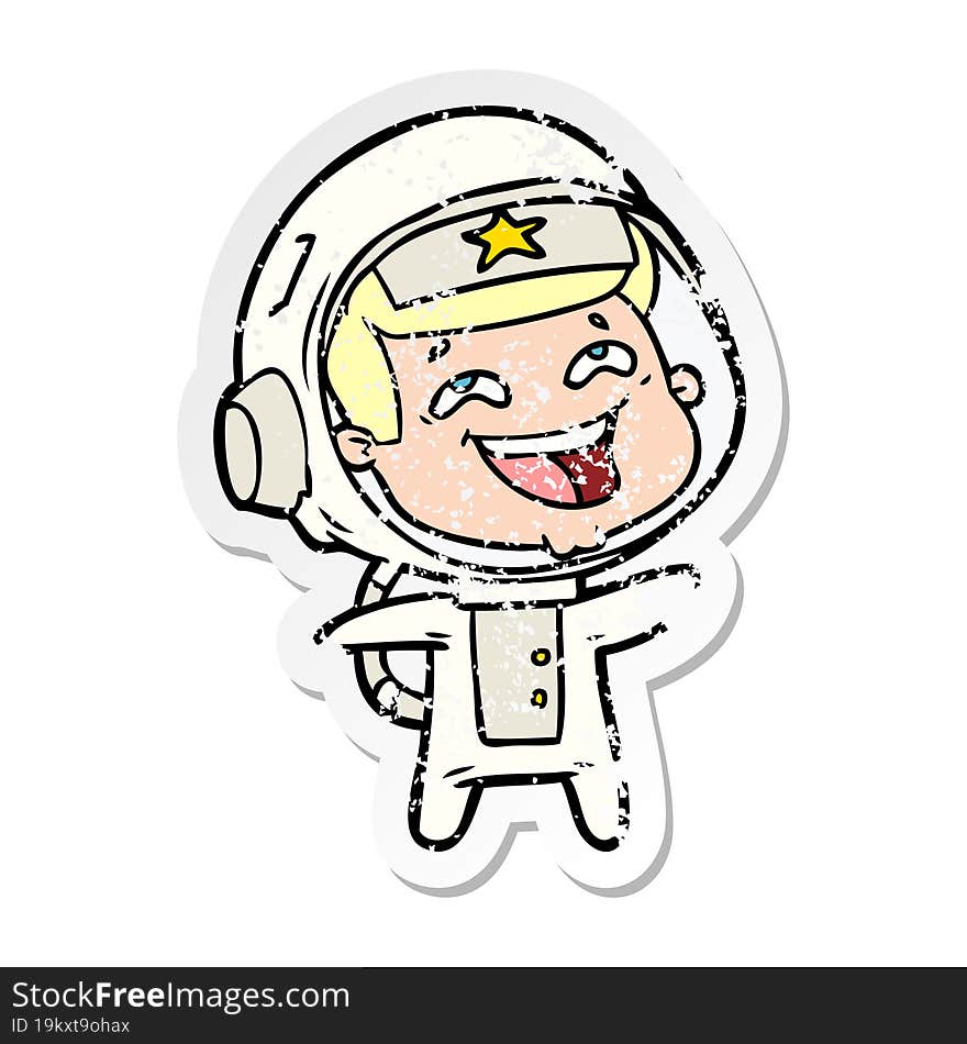 distressed sticker of a cartoon laughing astronaut