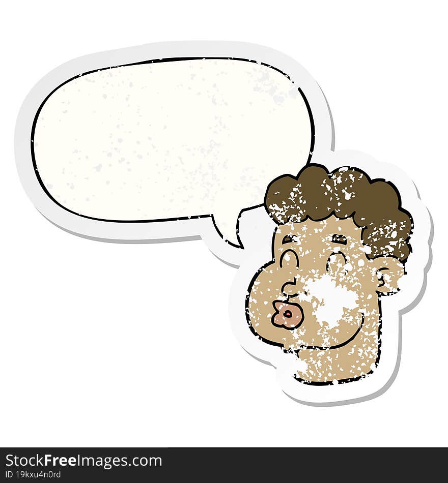 cartoon male face and speech bubble distressed sticker