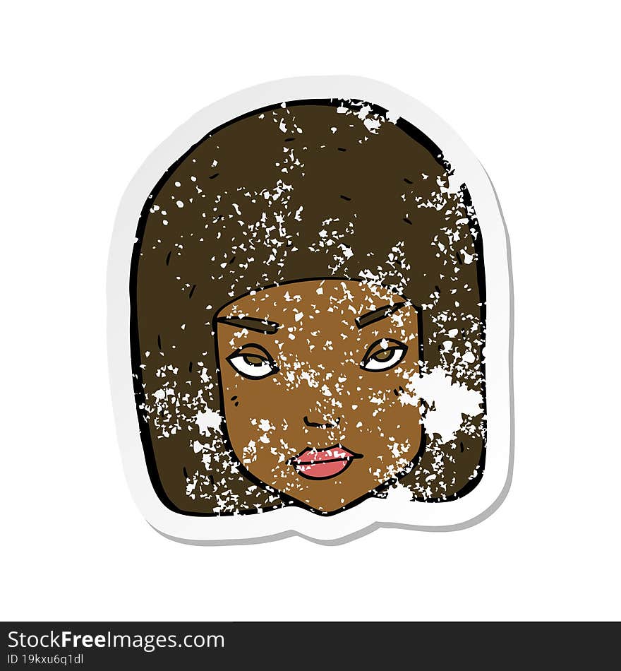 retro distressed sticker of a cartoon annoyed female face