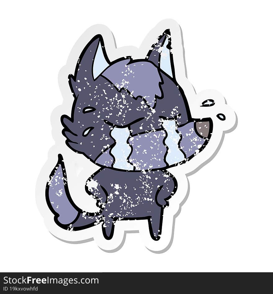 distressed sticker of a cartoon crying wolf