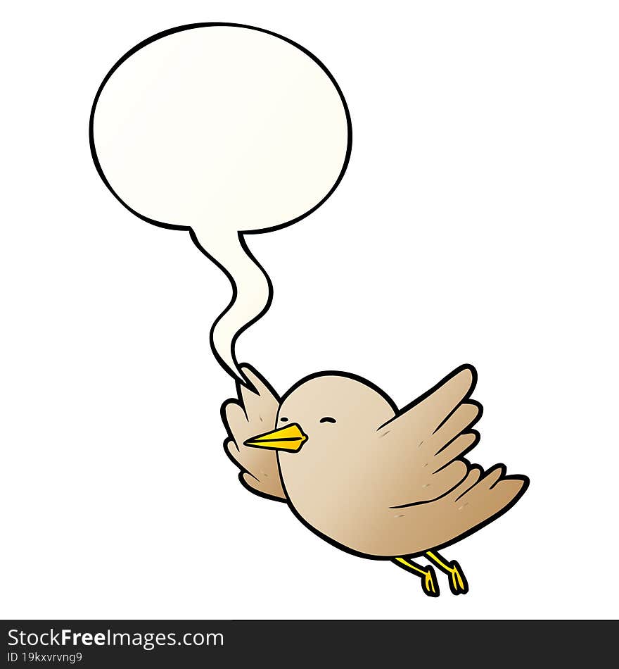 cartoon bird flying and speech bubble in smooth gradient style