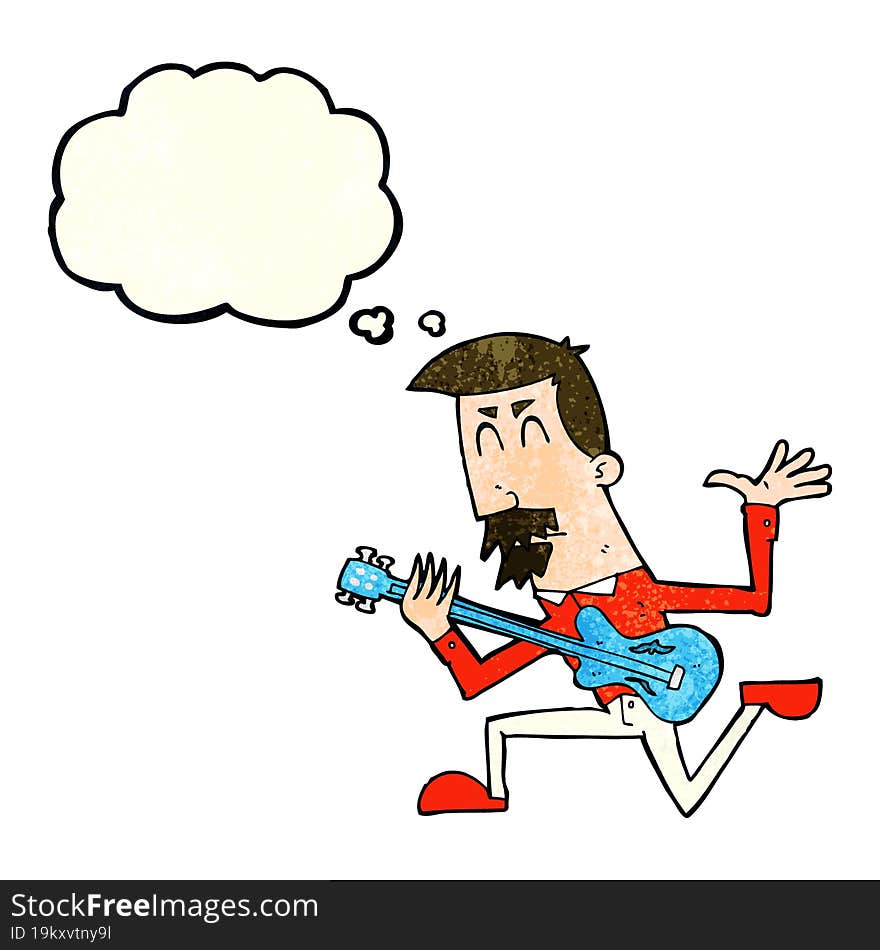 cartoon man playing electric guitar with thought bubble