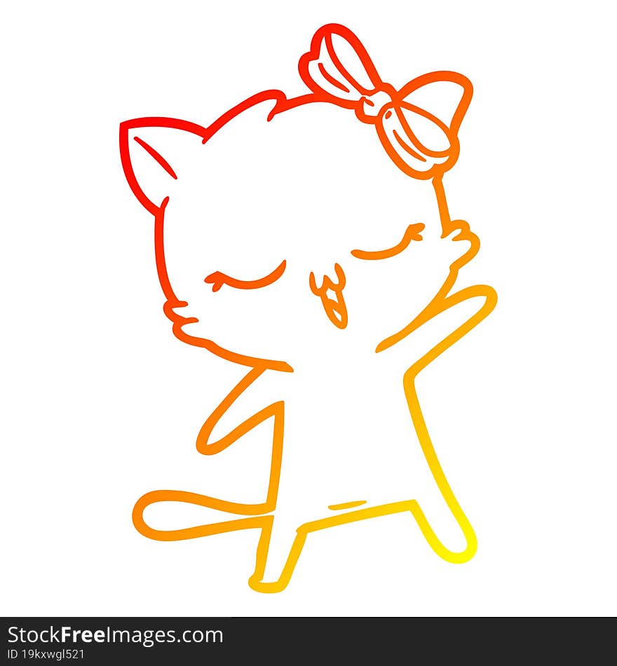 warm gradient line drawing cartoon cat with bow on head