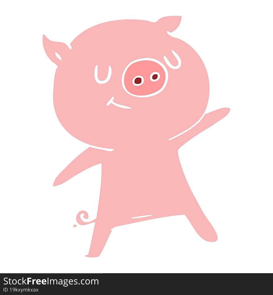 happy flat color style cartoon pig waving