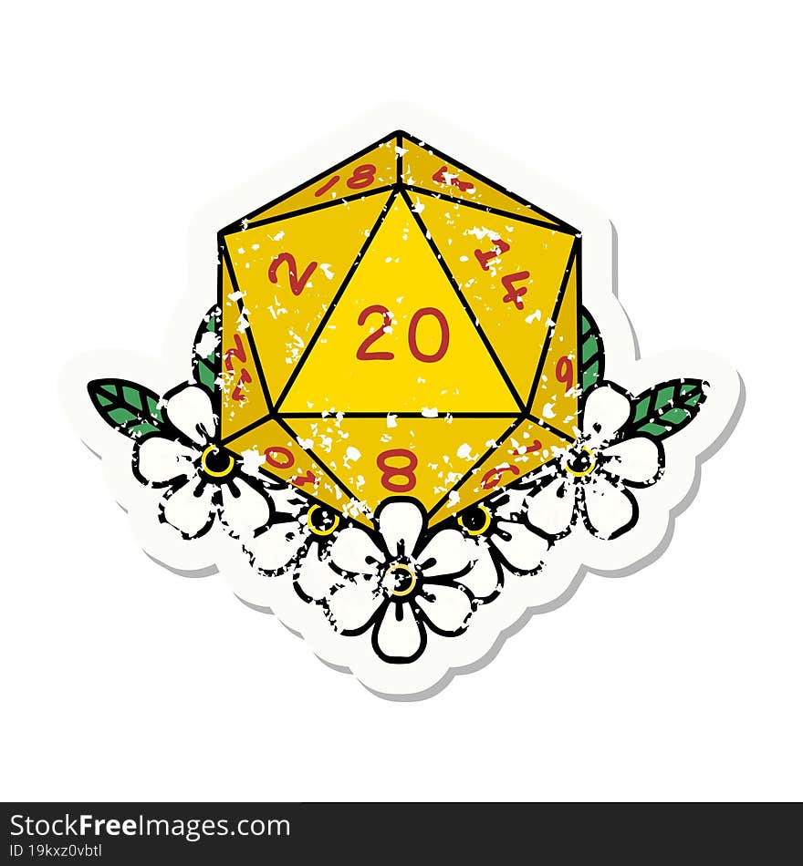 grunge sticker of a natural 20 D20 dice roll with floral elements. grunge sticker of a natural 20 D20 dice roll with floral elements