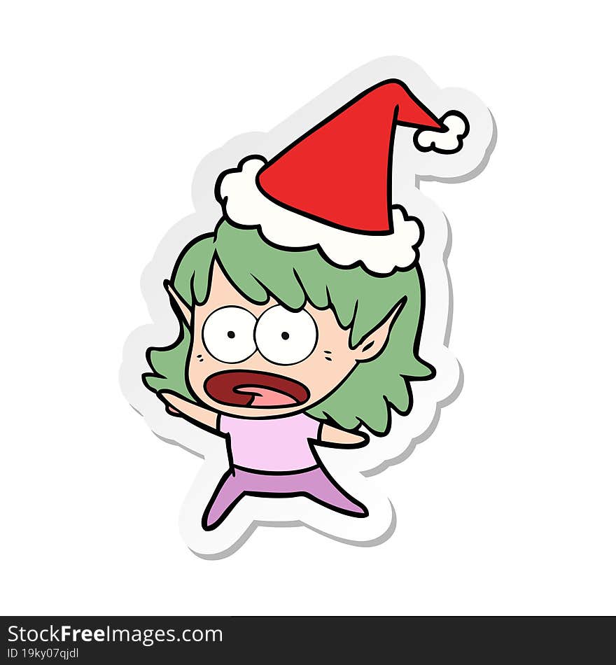 sticker cartoon of a shocked elf girl wearing santa hat