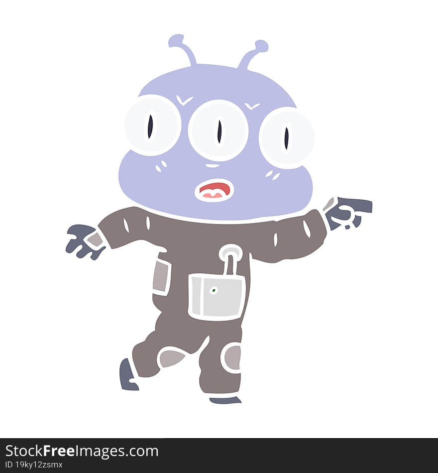 flat color style cartoon three eyed alien pointing