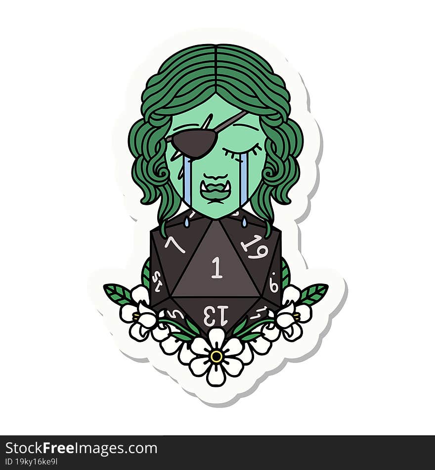 sticker of a crying half orc rogue character with natural one D20 roll. sticker of a crying half orc rogue character with natural one D20 roll