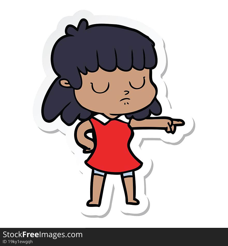 sticker of a cartoon indifferent woman pointing