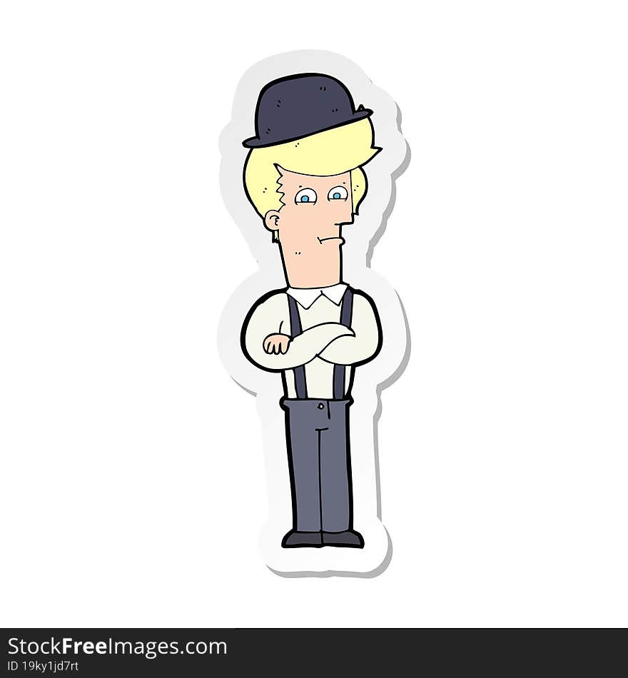 sticker of a cartoon man in bowler hat with crossed arms