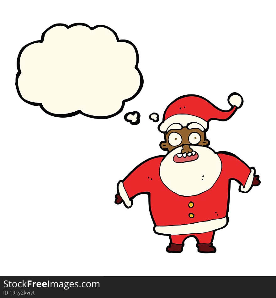 cartoon shocked santa claus with thought bubble