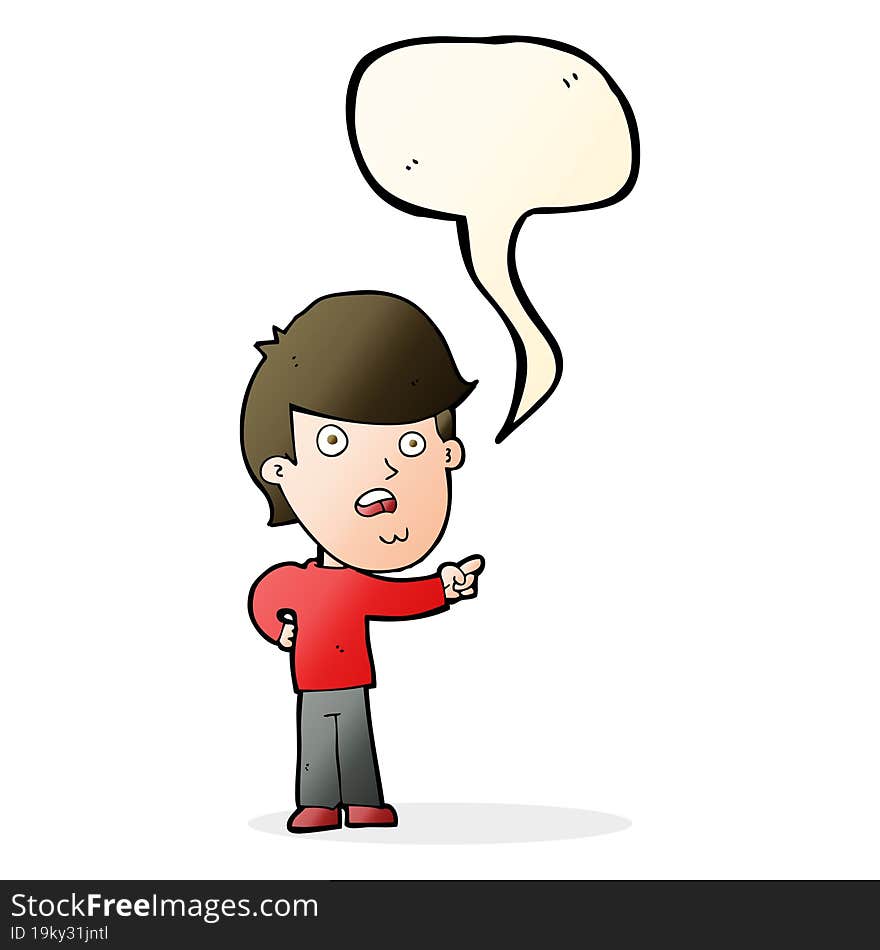 cartoon shocked man pointing with speech bubble