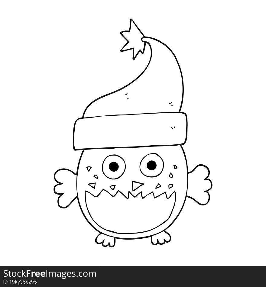 Black And White Cartoon Owl Wearing Christmas Hat