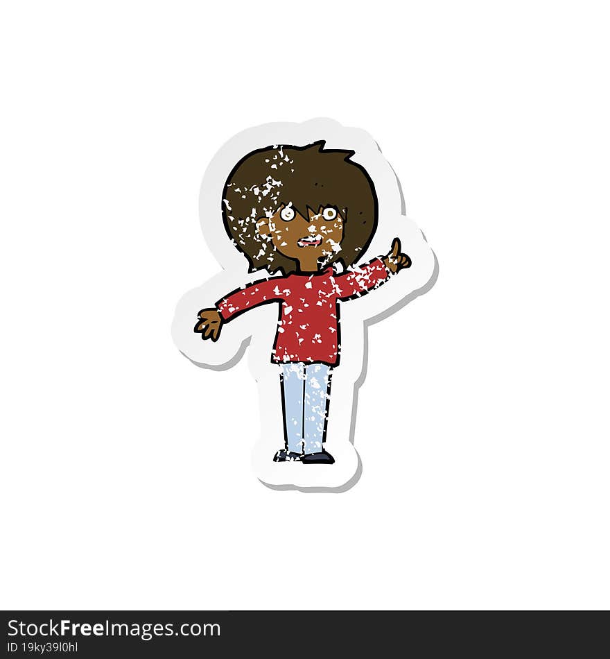 Retro Distressed Sticker Of A Cartoon Woman Asking Question