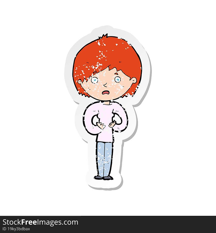 Retro Distressed Sticker Of A Cartoon Woman Making Who Me Gesture