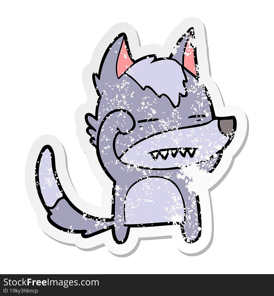 distressed sticker of a cartoon wolf showing teeth