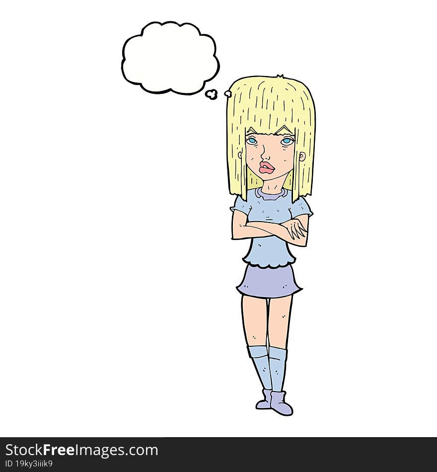 cartoon girl with crossed arms with thought bubble