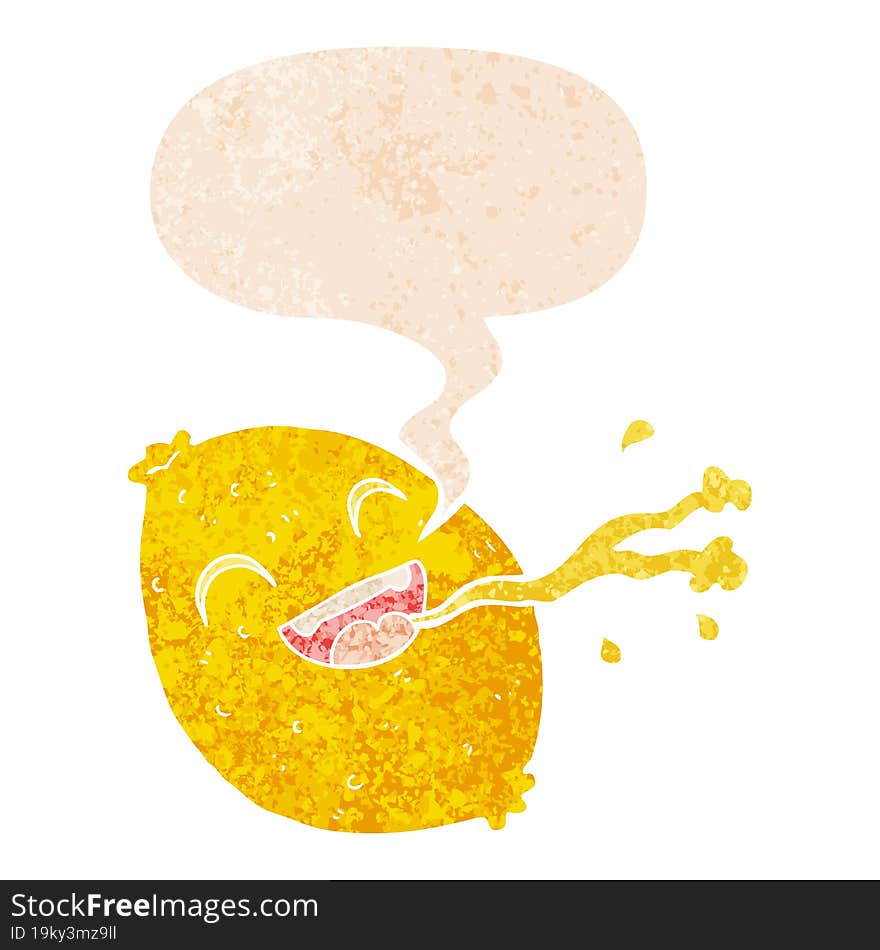 Cartoon Squirting Lemon And Speech Bubble In Retro Textured Style