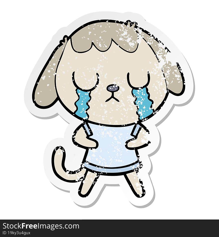 Distressed Sticker Of A Cute Cartoon Dog Crying