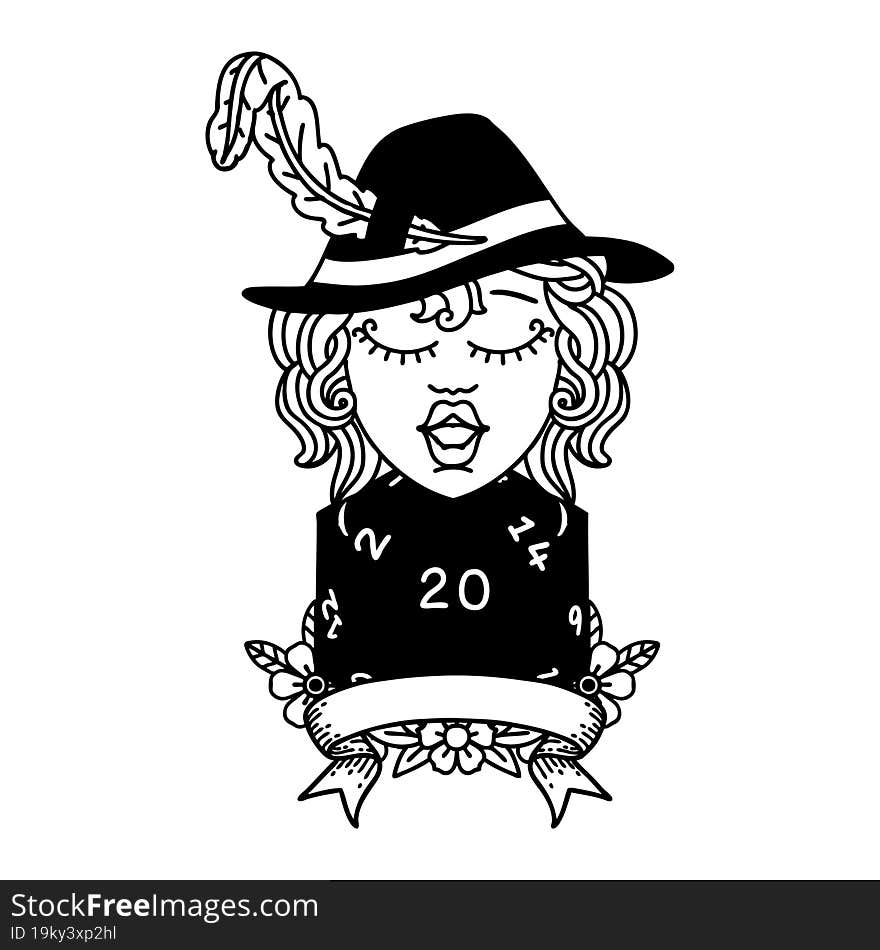 Black and White Tattoo linework Style human bard character with natural 20 dice roll. Black and White Tattoo linework Style human bard character with natural 20 dice roll