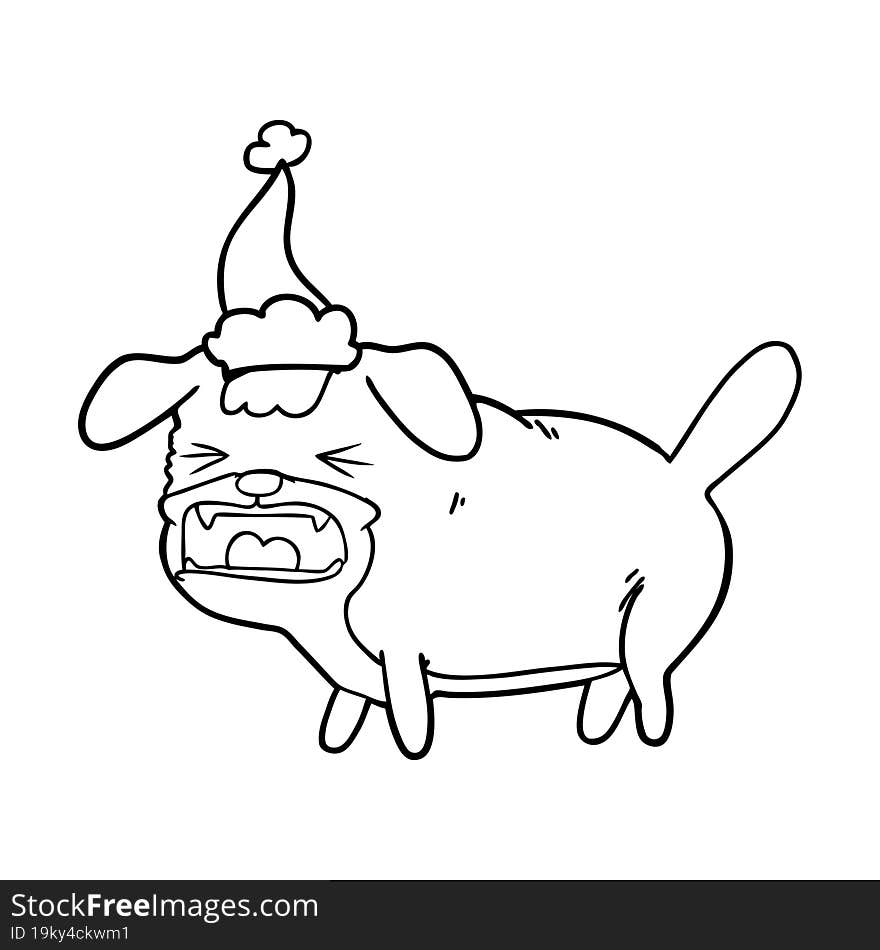 line drawing of a dog barking wearing santa hat