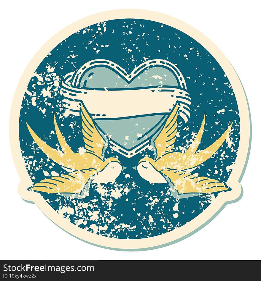 iconic distressed sticker tattoo style image of swallows and a heart with banner. iconic distressed sticker tattoo style image of swallows and a heart with banner