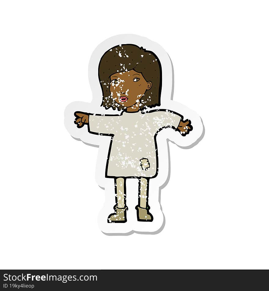 retro distressed sticker of a cartoon woman in patched clothing