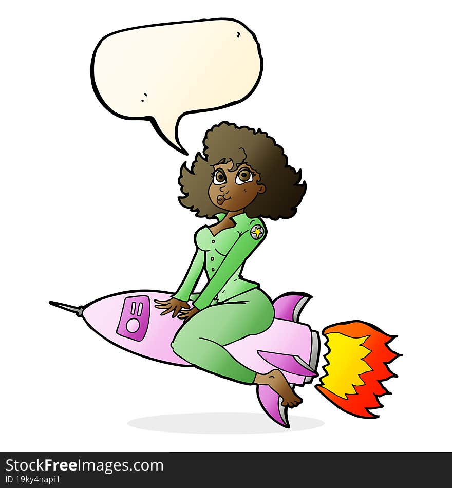 cartoon army pin up girl riding missile with speech bubble